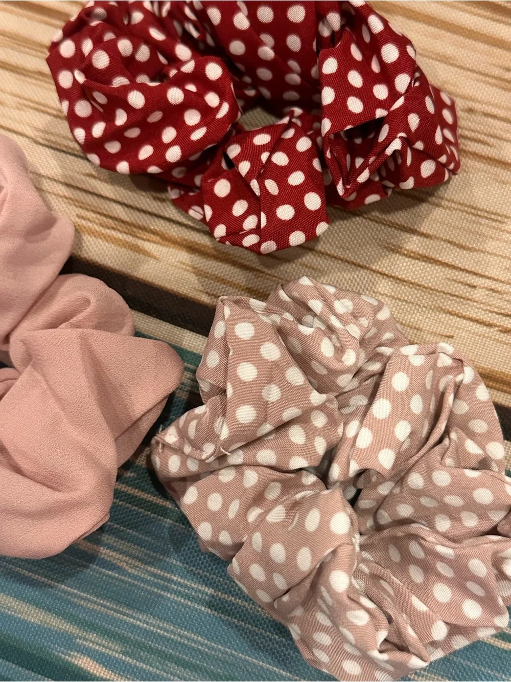 Polka Dot and Solid Scrunchie Set - Pink, Red, Light Pink